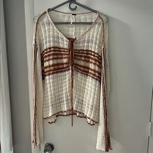 Free People Cream and Brown Striped Knit Blouse